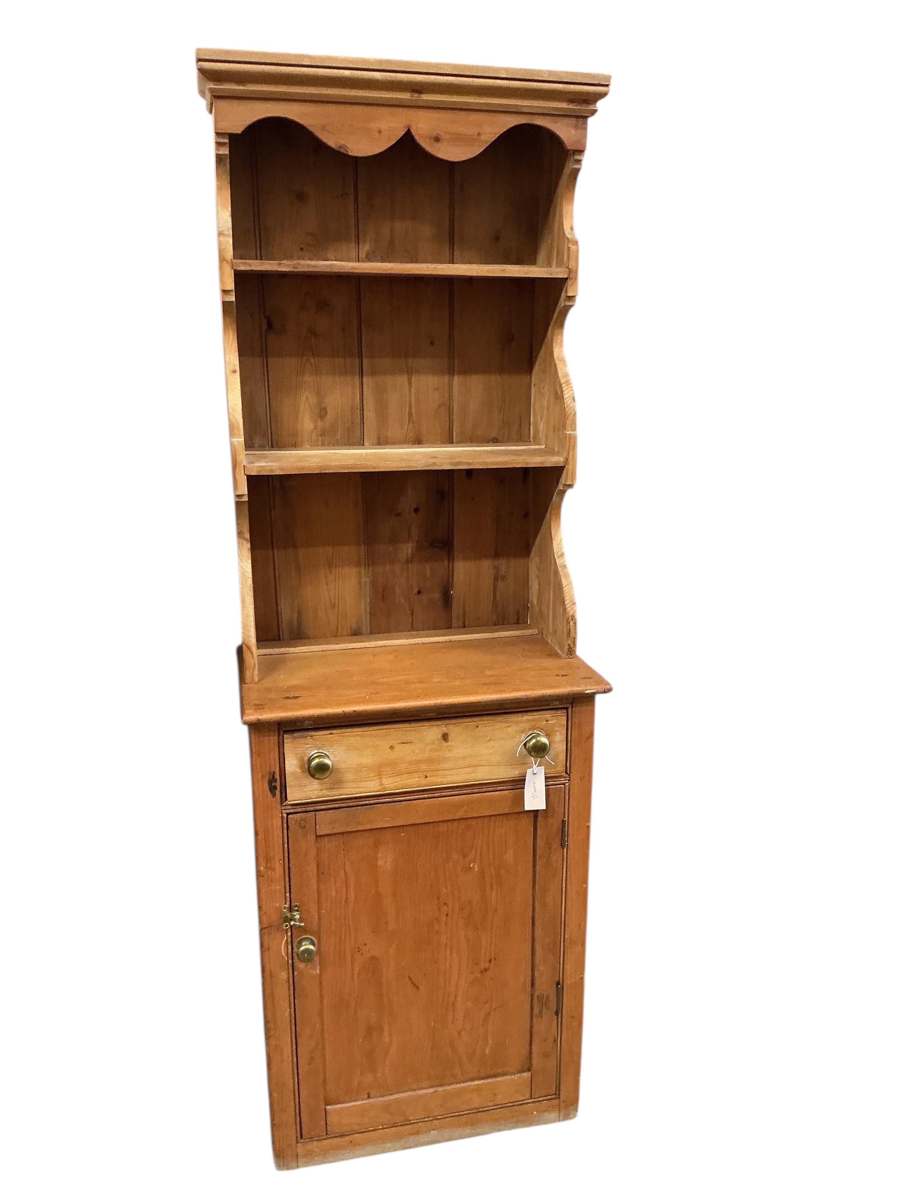 A small Victorian style pine dresser, width 59cm, depth 36cm, height 179cm